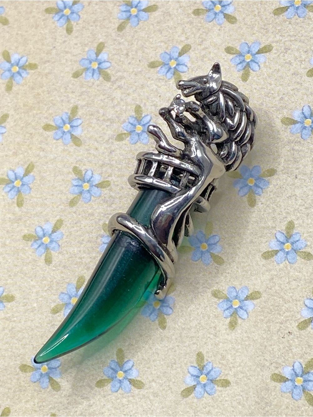 Wolf Fang Stainless Steel Green Glass Unisex Pendant